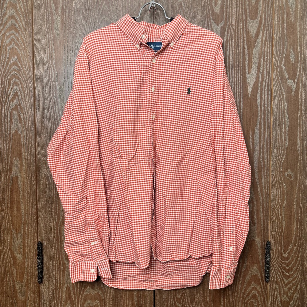 Ralph Lauren Mens XXL Custom Fit Gingham Button Down Shirt Red White Long Sleeve